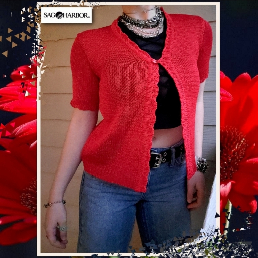 Sag Harbor Vintage Y2K Aesthetic Open-weave Crochet Cropped Red Summer Cardigan
